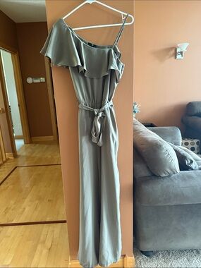 H&M One-Shoulder Ruffle Jumpsuit in Light Taupe